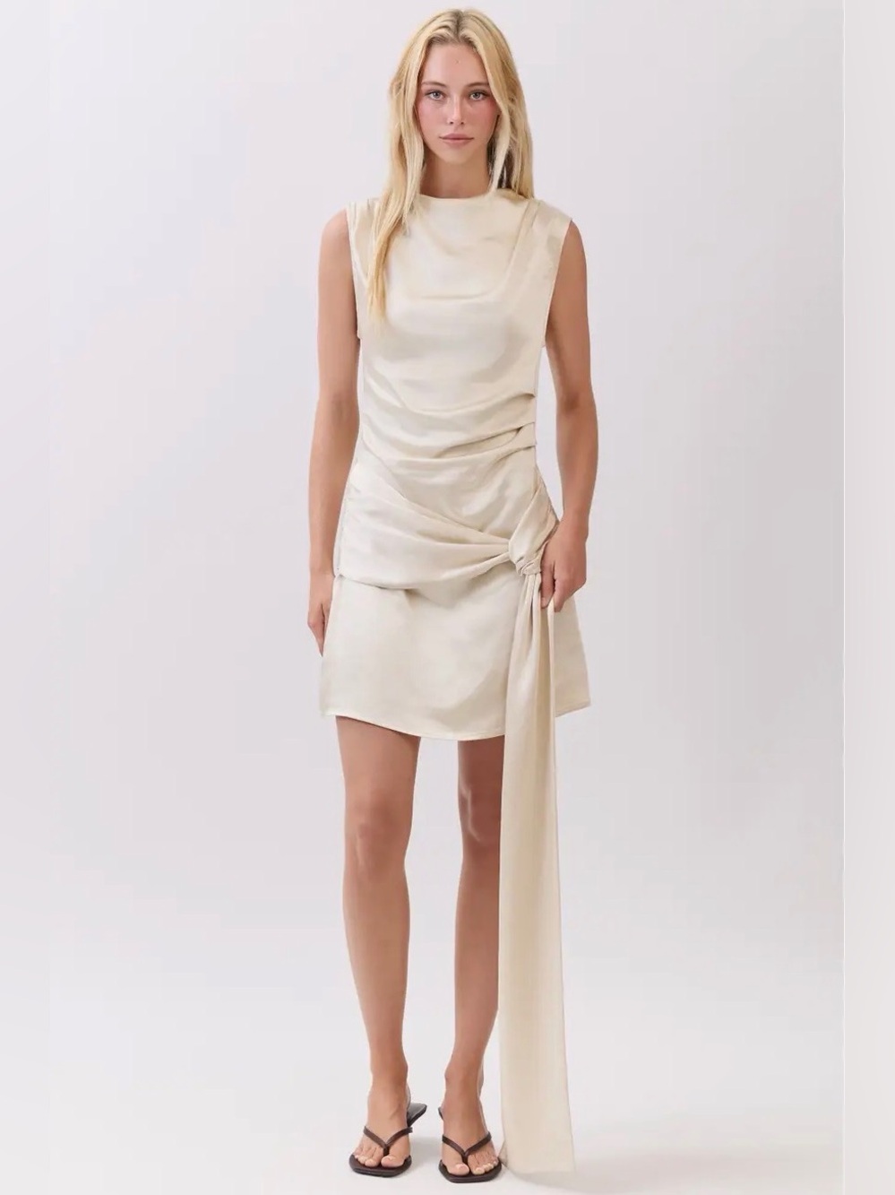Honey Mango Satin Draped Mini Dress Champagne Gold Side Tie S